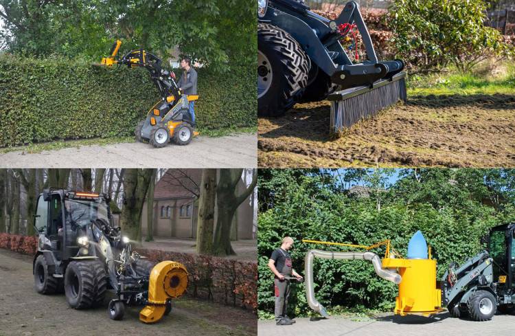 Collage van GIANT aanbouwdelen: bakken, palletvorken, klemmen en meer